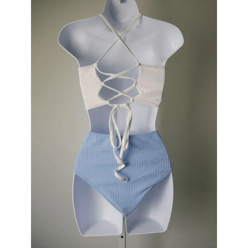 Magnolia Place White & Blue High Cut Bikini 2pcs SET Swimwear M